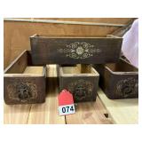 4 antique Singer sewing machine side drawers, great shape with finger handles and decorative designs, 13 inches long x 3 inches deep x 4 inches wide
