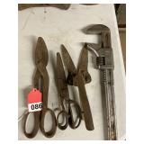 Vintage Diamond forged Monkey wrench, 1 pair of horse hair shears, large tin snips and 1 pair of offset pruners all vintage