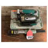 1 Right angle 1/4 inch die grinder (new), 1 used straight 1/4 inch die grinder and 1 pneumatic weld descaler (never used)