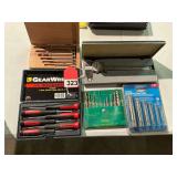5 individual items - Gear wrench mini screwdrivers, Brownell miniature screwdriver set in wooden box, Craftsman Calipers, Irwin bolt extractors, Century bolt extractors