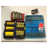 Set of Orifice drill bits with case, 1 set of Ridgid Pipe extractors (vintage), 1 very rare mini drill bit index and an Irwin bit set (new)