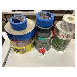 3 new rolls of Caution tape, Electric underground tape, and water line below tape, 1 new package of Frog tape 2 inch, 4 - 2 inch duck tape rolls