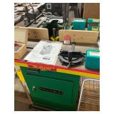 Wood Tek Shaper, 3 HP, flip a switch for reverse, sliding rear table with laminated extensions, 40 shaper bits and router bits, style and rail cutters and 12 various bushings, purchased new in 2007