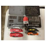 2 vintage craftsman socket sets, + 4 folding box knives