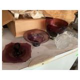 Assortment of clear and purple glassware