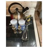 Teapot, salt and pepper, shakers, and Maynard beater
