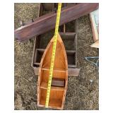 Wooden shelf, wooden canoe, decor, and other assorted items