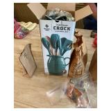 Farmhouse crock and utensil set with miscellaneous brass rivets