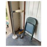 Floor lamp, 2 folding chairs & broom
