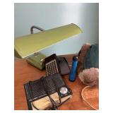 Vintage lamp, calculator and weather radio