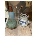 Honey jar, oil & Vinegar dispenser & small lidded bowl