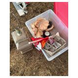 Tub of miscellaneous, stemware, chiefs car flag, and table lamp