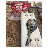 150 quart igloo cooler, metal Budweiser Sign, and tennis rackets