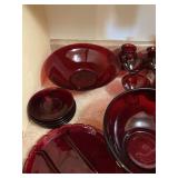 Red glass plates, bowls, glasses set