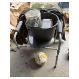Leather jacket, bedside commode, volleyball, and storage items