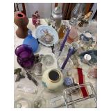Assorted glassware, figurines, and lantern and candlesticks