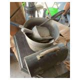Large pans, oversize spoon, scoop, work, thermos, and vintage lunchbox