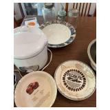 Metal pans pie plates,  rice cooker, and vintage jars