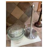 Paper towel holder, cutting board and Pyrex bowls