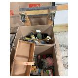 Two boxes Misc cleaning supplies, leather care products and furniture dolly