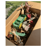 Box of assorted toys - horses, wagons, cowboys and more