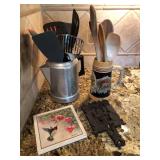 Utensil holders and utensils, metal trivet, and ceramic trivet