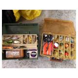 Two tackle boxes with fishing supplies and Minow bucket