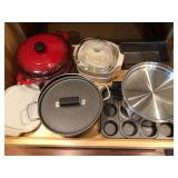 6 1/2 quart Dutch oven, glass bakeware, and muffin tin with stock pot
