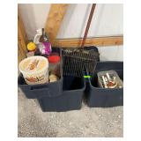 Horse vet supplies totes and manure rake