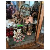 Contents of lower two shelves of curio cabinet-beanie babies, miniatures plates, shells collectible plates