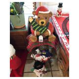 Paper Mache Bear, Metal stand, with paper Mache Snowman and small cloth Snowman.