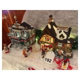 Town Hall and Fisherman’s cottage village scene, lighted with figures playing in the snow. Way vintage!!