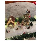 Lighted Church and Mountain top house, lighted also with figurines and vintage