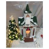 Lighted Church and tree that has lights that is custom made w/box