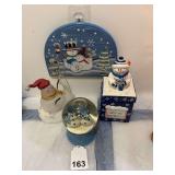 Snowman snow globe, nice glass music box that works perfectly, plus a great glass Santa that lights up and changes colors, Snowman candy dish plus