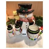 Old Snowman cookie jar, hot chocolate mug and Snowman salt and pepper shakers