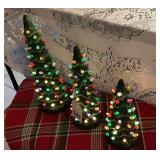 3 green lighted ceramic Christmas trees 12-inch, 10-inch and 8-inch w/box