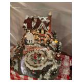 Ski lodge fiberoptic scene with moving ice skaters w/box