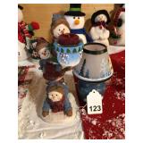 2 Tea light items with Snowmen acrobats which are porcelain w/ wood lamp w/box