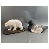 Carved Wood & Signed Polar Bear & Duck Decoy