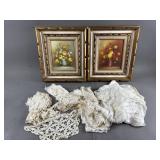 Vtg Crochet Linens & Signed Floral Paintings