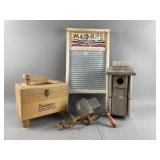 Wash Board, Shoe Shine Box & Vintage Items