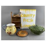 Olfaire Pottery Tureen, Wooden Curio Shelf & Decor