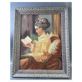 Carved Frame Woman Reading Signed Oil Painting