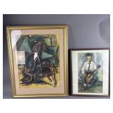 Musician Watercolor & Signed Abstract Oil Pastel