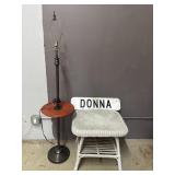 Vtg Wicker Side Table, Lamp, & Donna Sign
