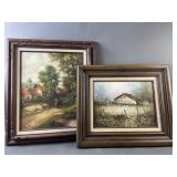 Karl Neumon Country Barn Scene & Village Oil