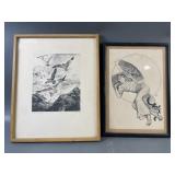 Framed ï¿½Gullsï¿½ Lithograph & Langing Lady Drawing