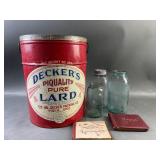 Deckers Lard Tin, Vtg Ball Jars & Autograph Books