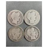 4 Silver Barber Half Dollars 1902, 1911 & 1912